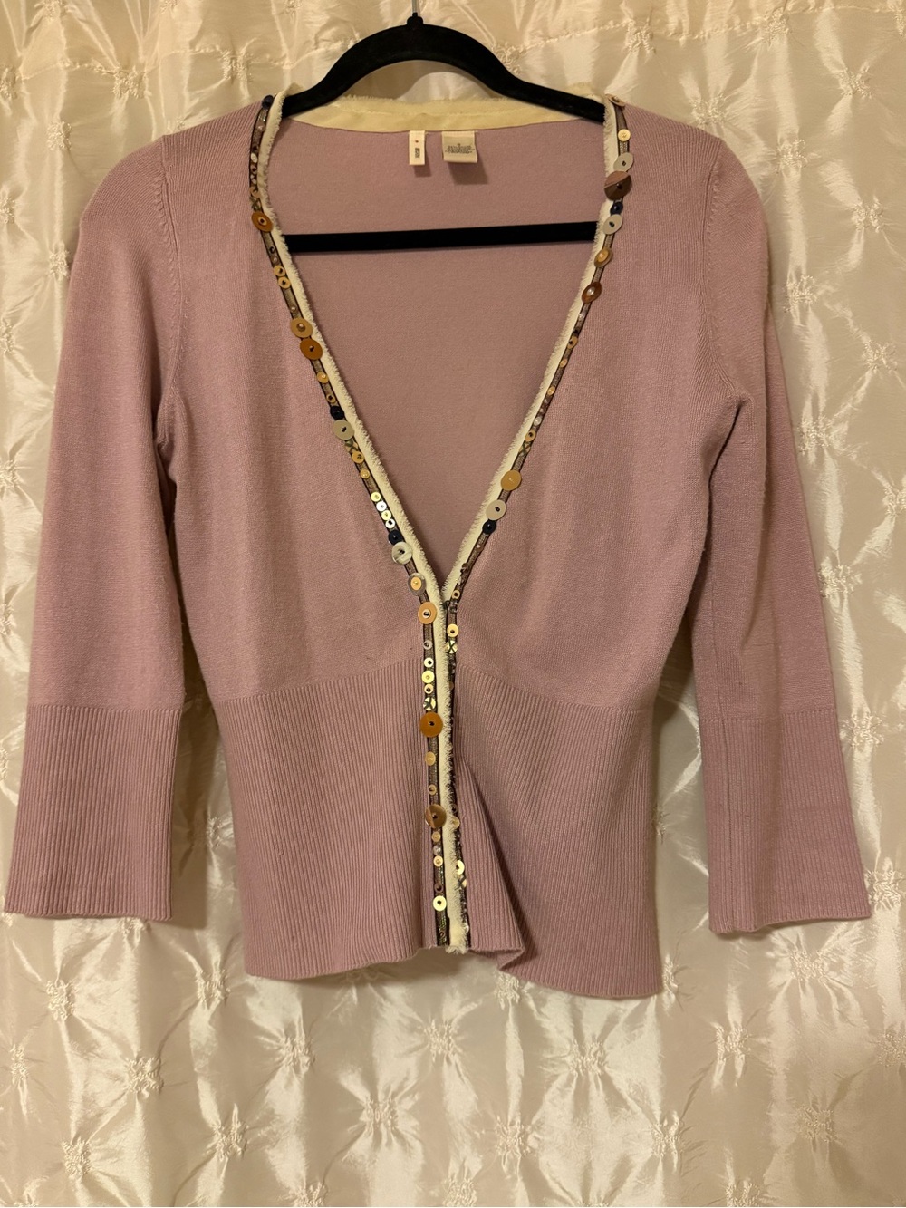 Anthropologie Moth Embellished Cardigan Sequin Bead Trim V-Neck Sweater Pink S